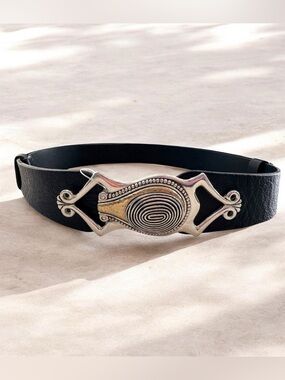 NWT Chico’s Black Leather Ornate Buckle Belt Size S/M